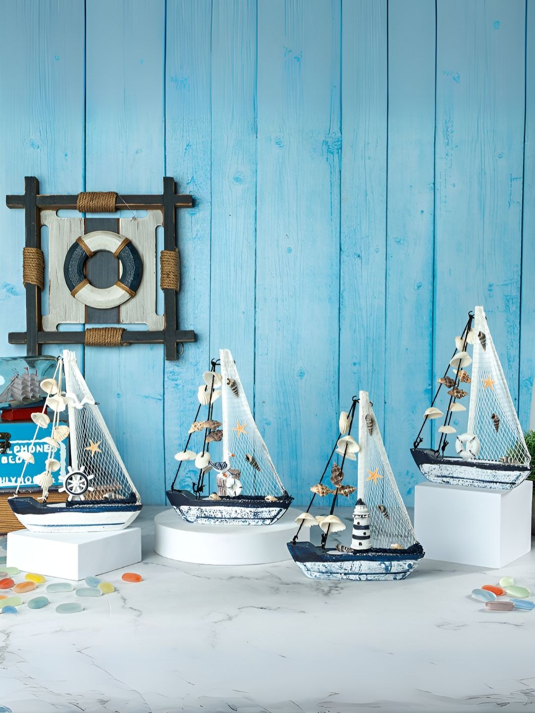 eazy wagon Blue & White Wooden Sailboat Showpiece-picture-22