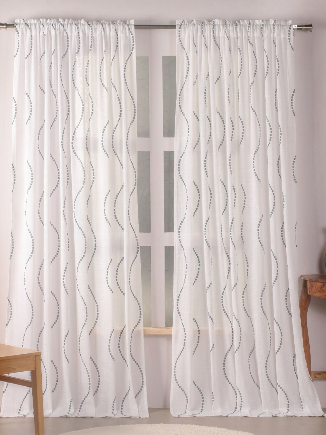 HOMEMONDE Grey & White 2 Pieces Printed Cotton Sheer Window Curtains-picture-20