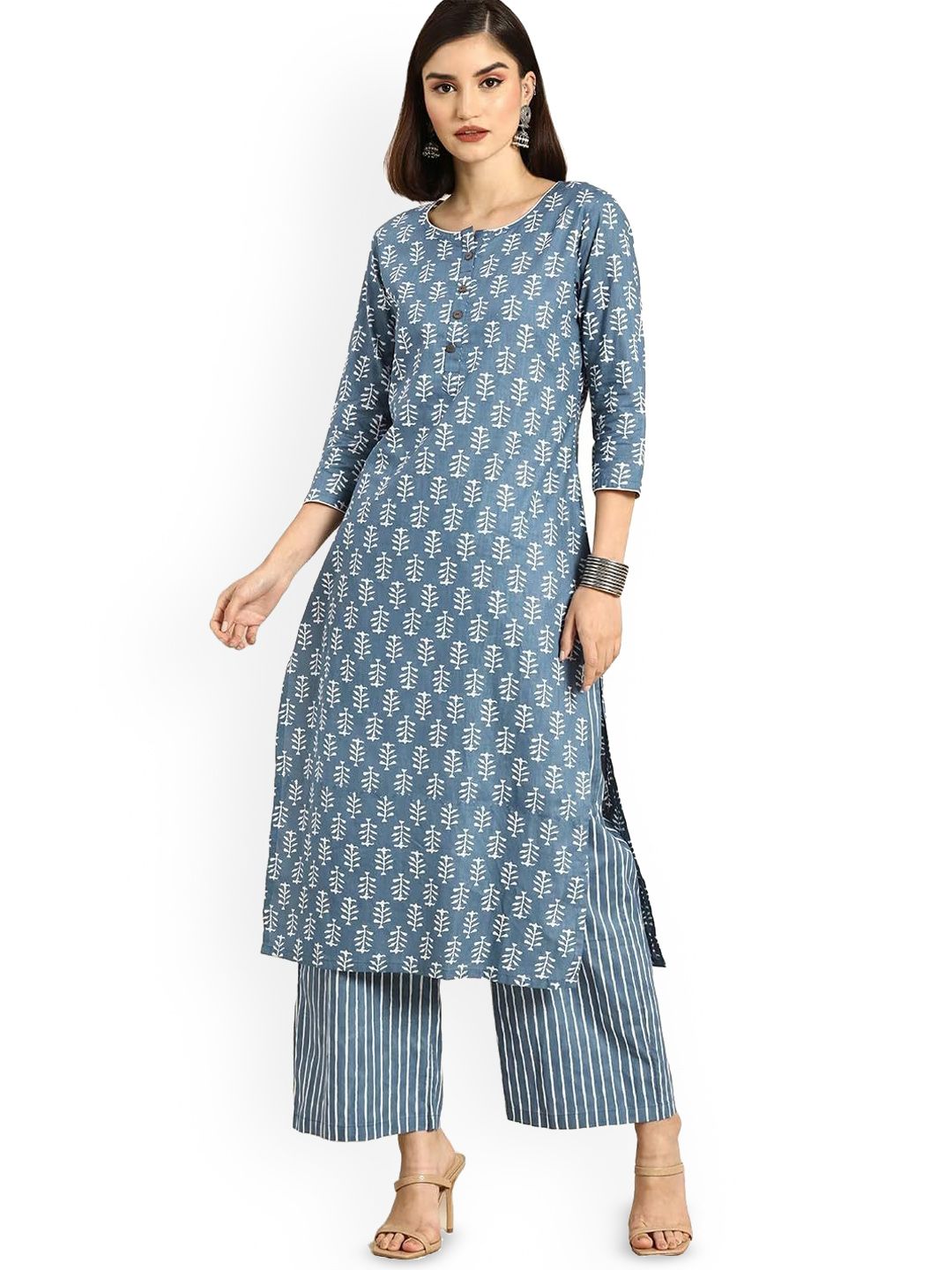 MEERA FAB Ethnic Motifs Printed Thread Work Pure Cotton Kurta With Trousers
