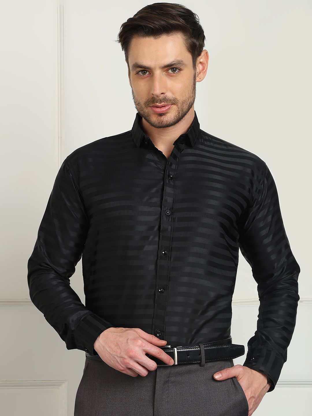 SZN Standard Fit Horizontal Striped Spread Collar Satin Formal Shirt-image-34