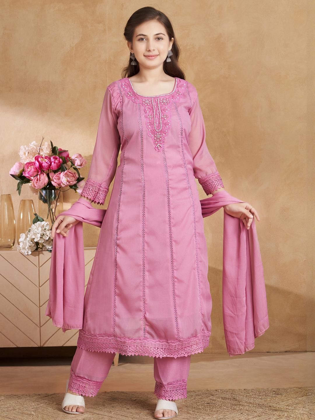 Sangria Girls Pink Georgette Kurta Sets-image-20