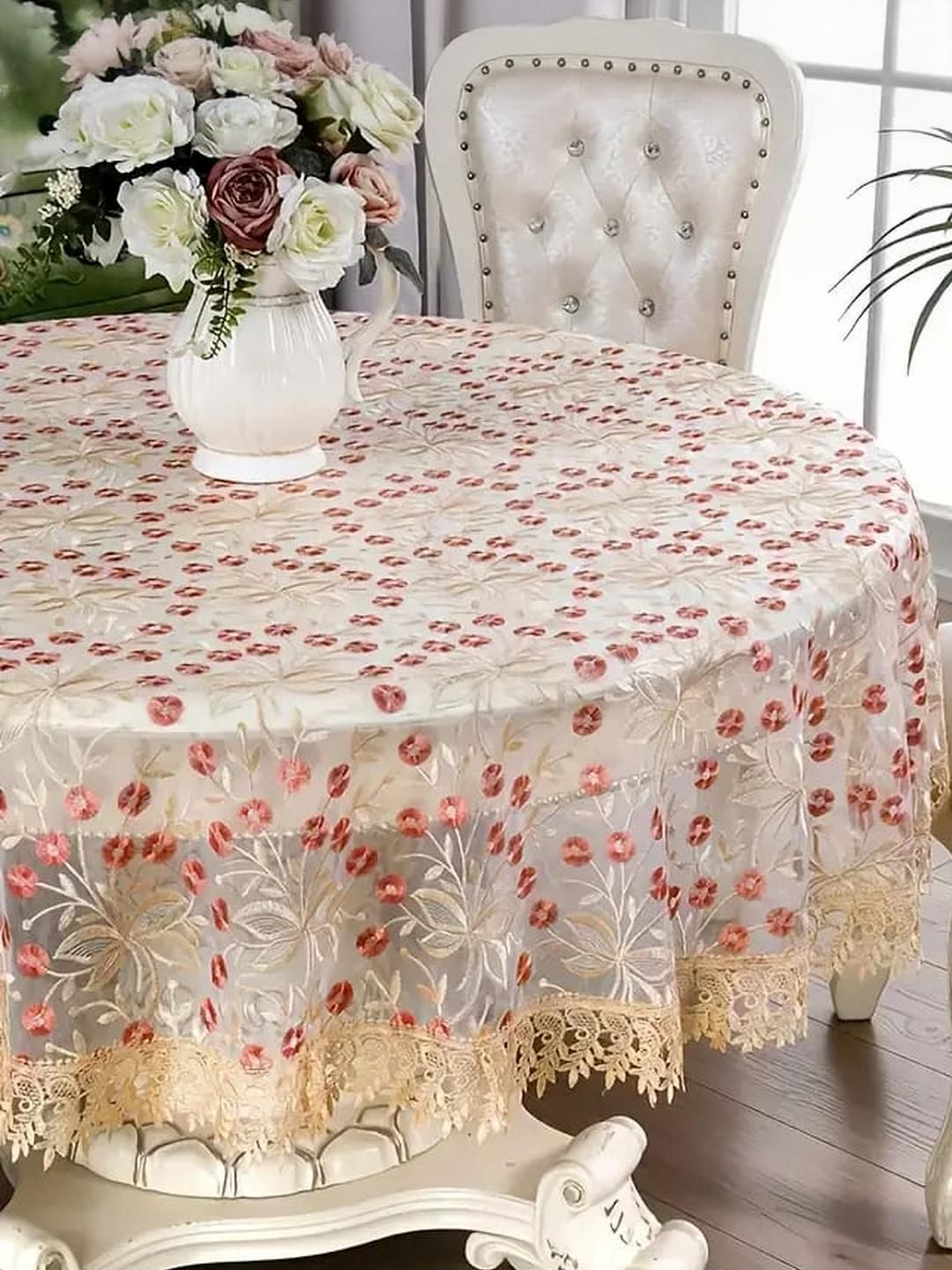 TANLOOMS Gold-Toned Floral Round 6-Seater Embroidered Table Cover-picture-40