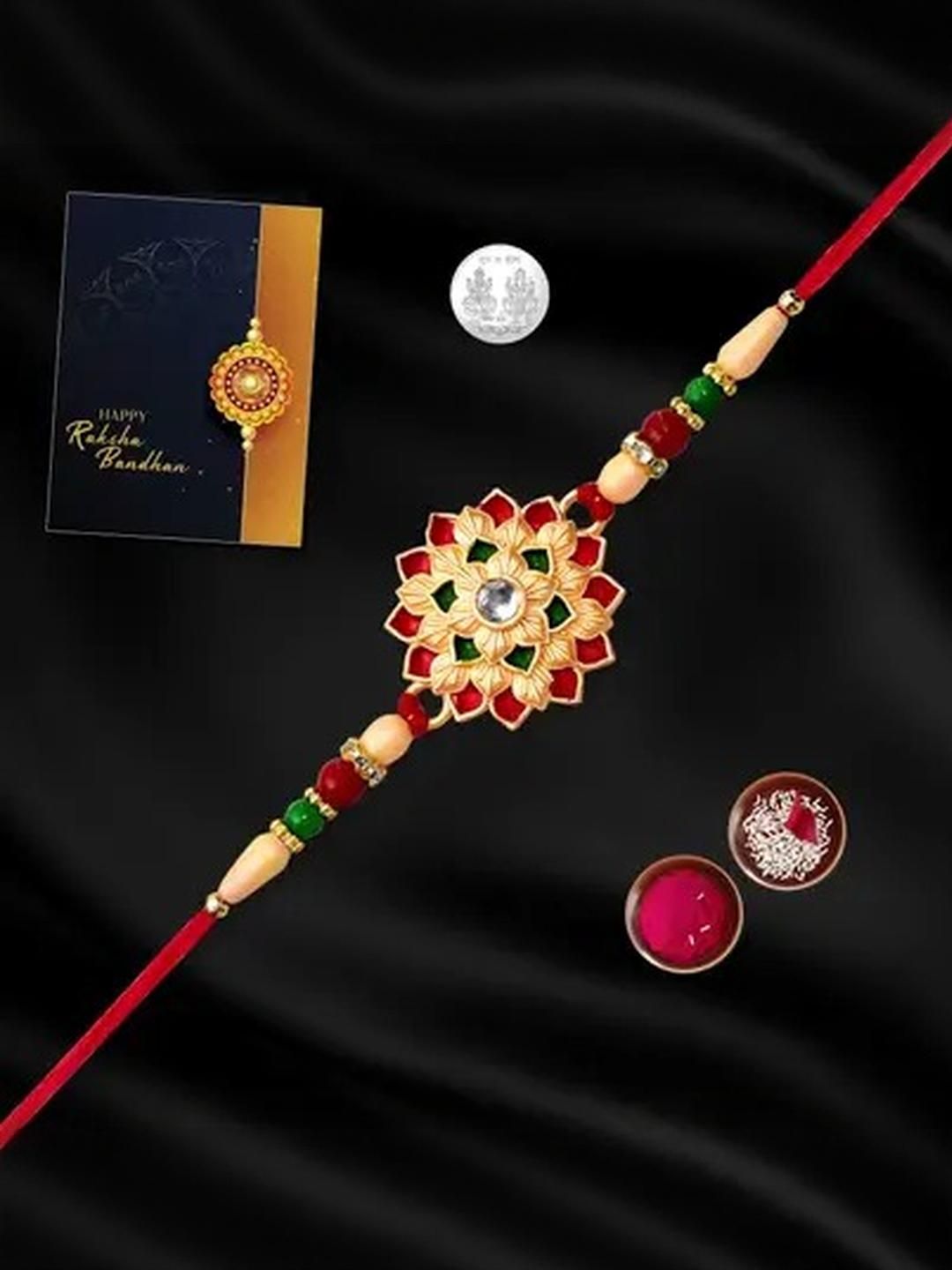 DeoDap Rakhi Silver-Toned Religious Coins Roli-Chawal And A Raksha Bandhan Greeting Card-image-6