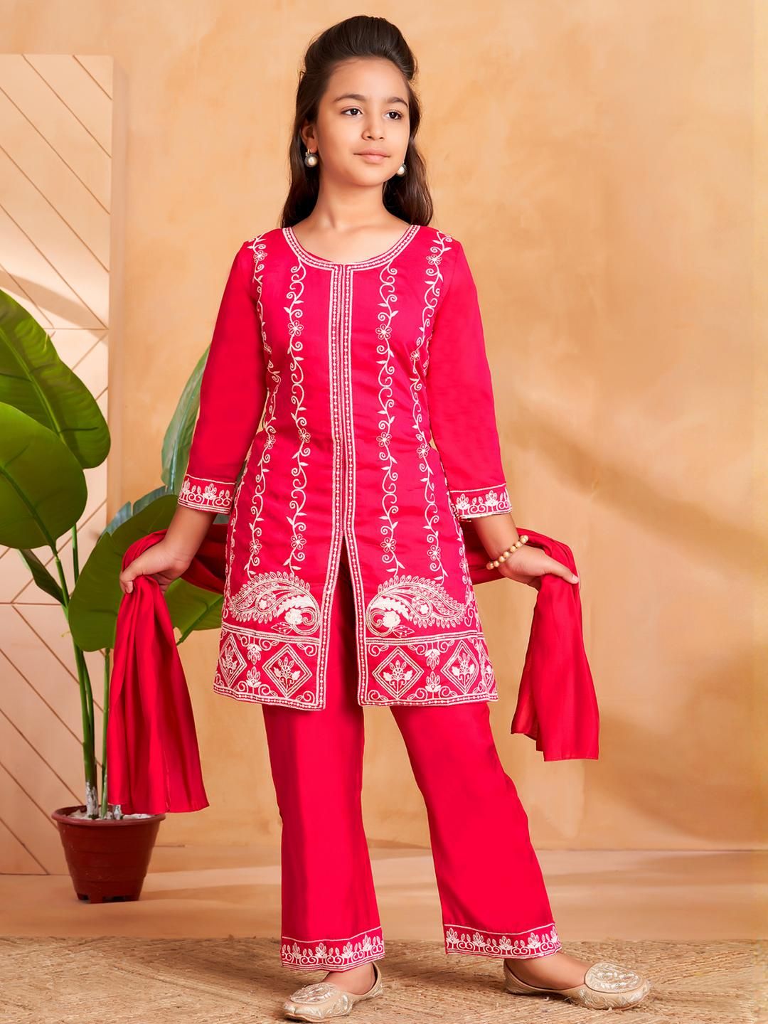 Sangria Girls Pink Pure Silk Kurta Sets-picture-43