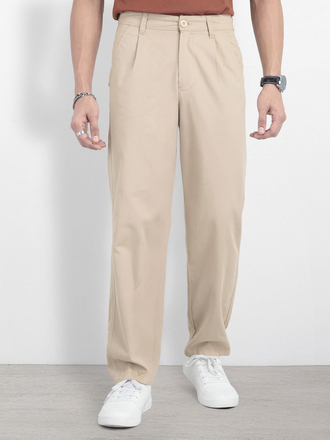 The Roadster Life Co. Men Relaxed Fit Cotton Pleated Trousers-picture-10
