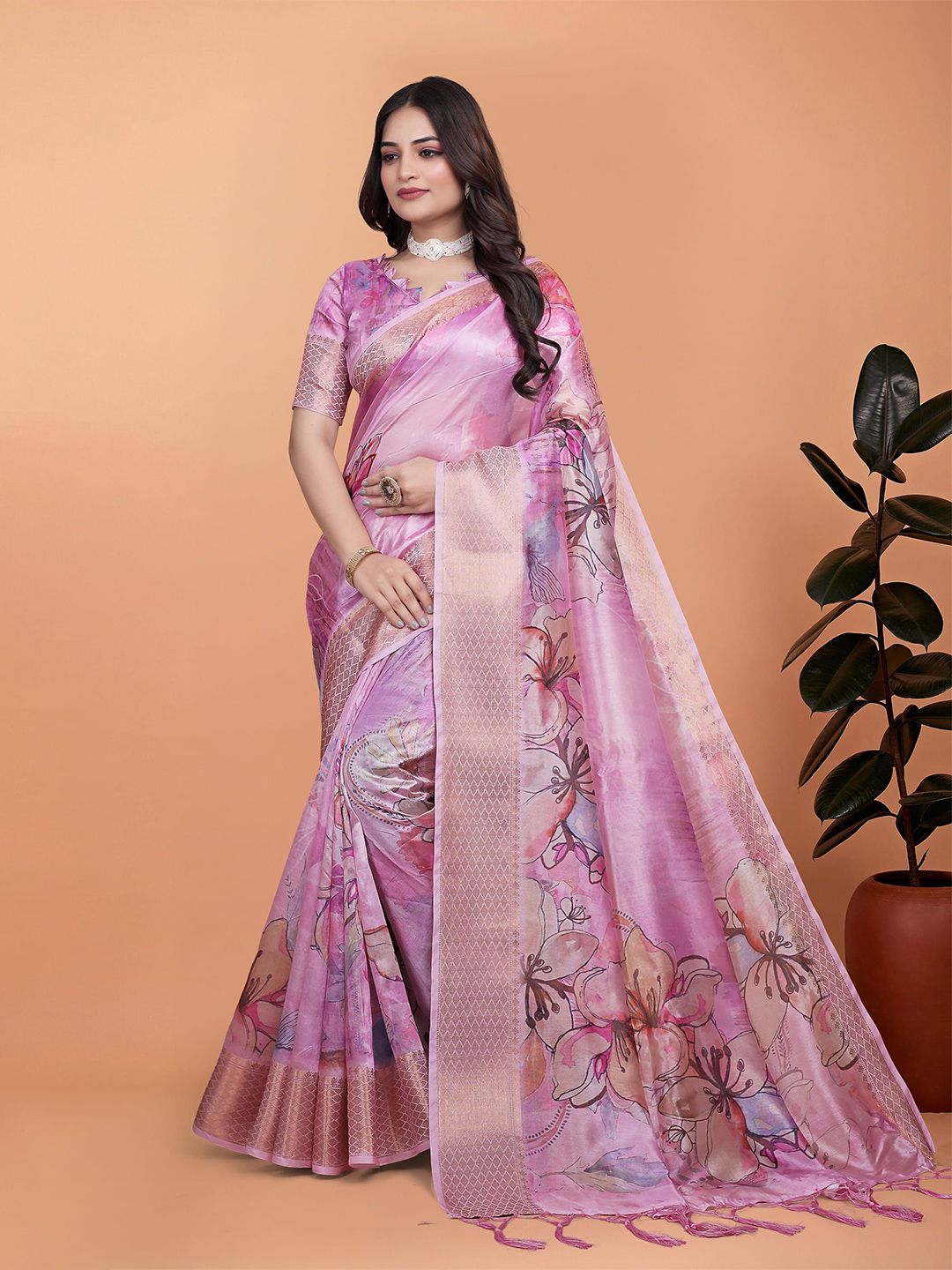KALINI Floral Printed Woven Design Zari Banarasi Saree-picture-17