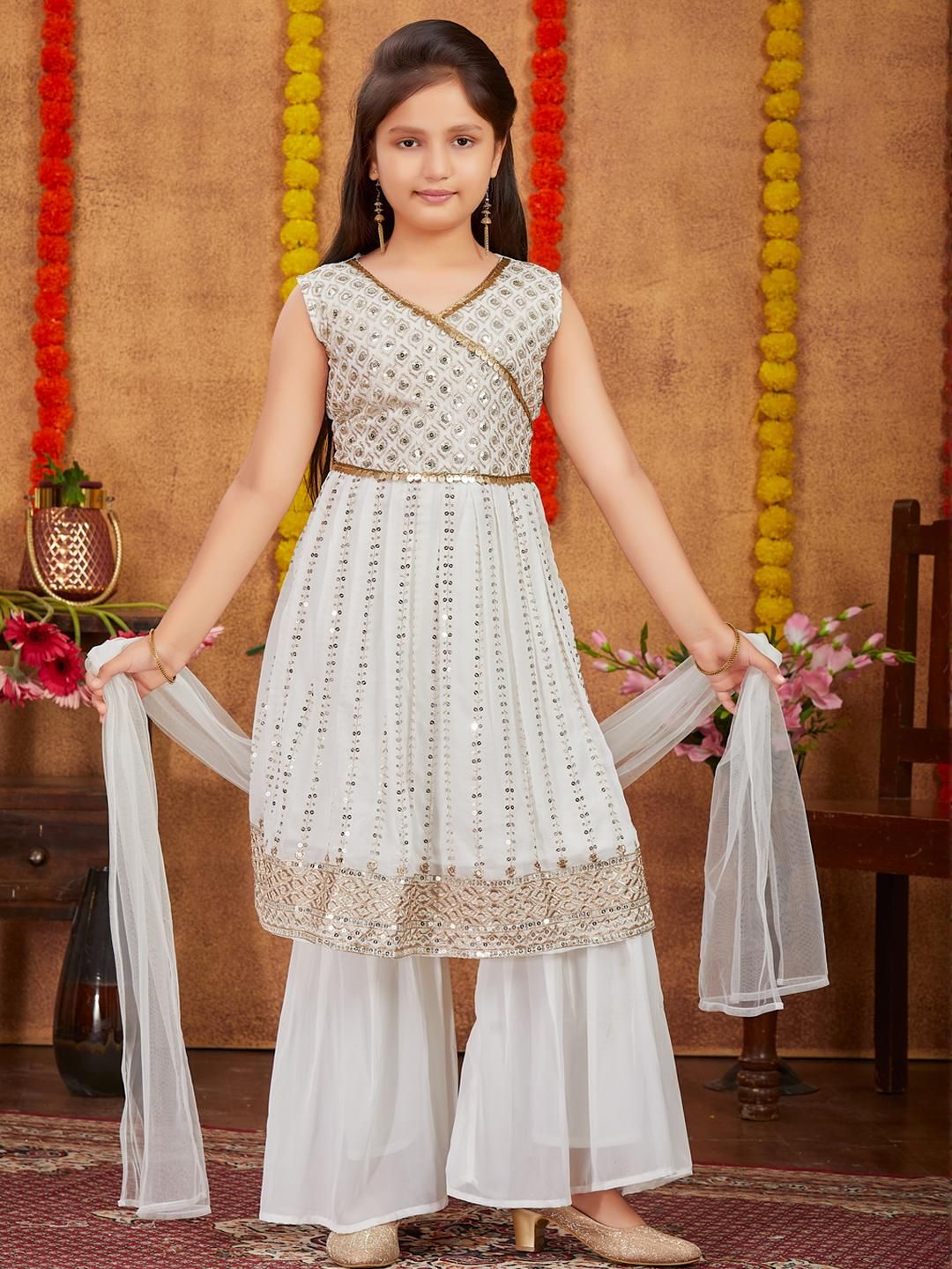 Sangria Girls Cream Georgette Kurta Sets-picture-39