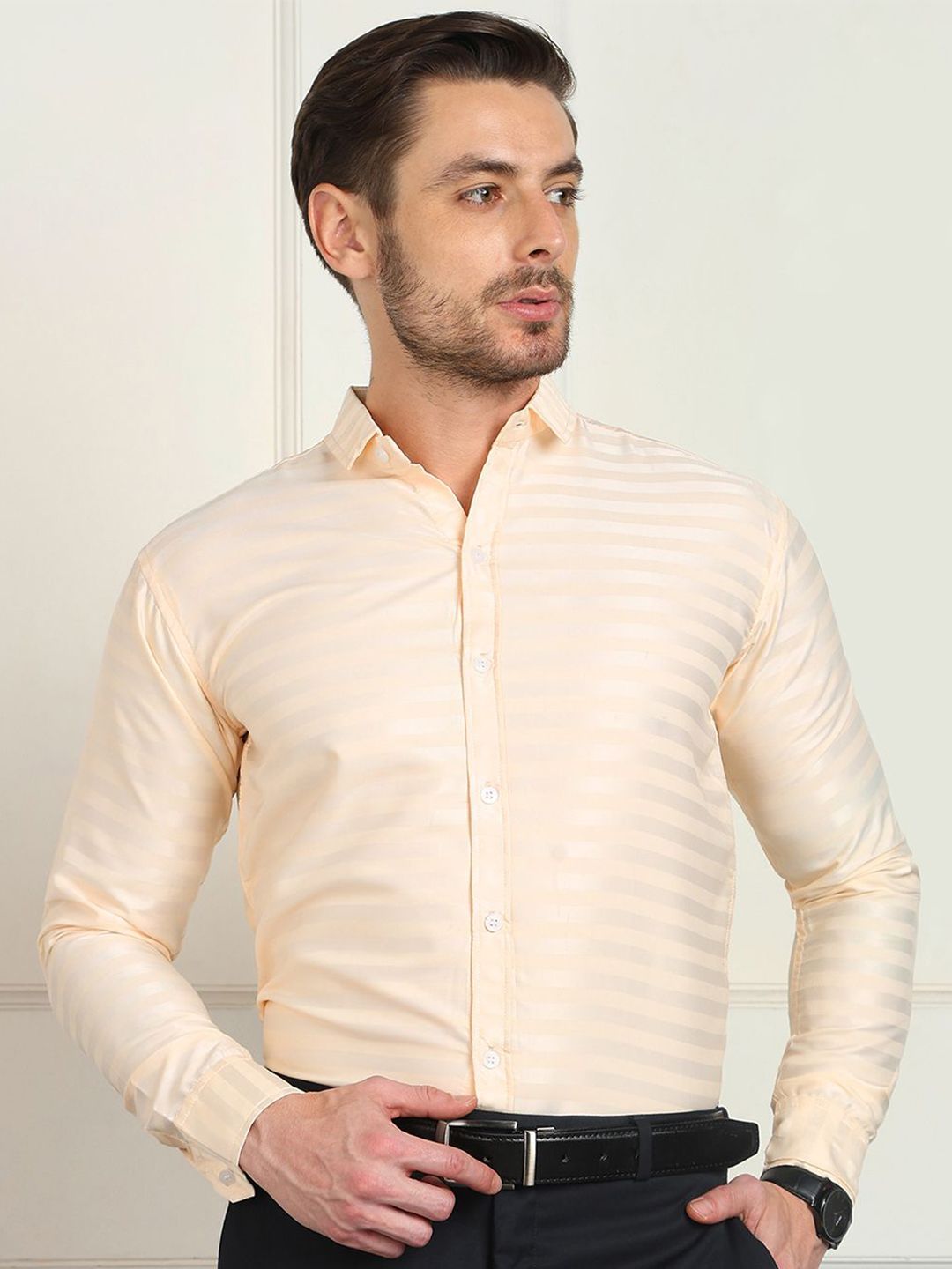 SZN Standard Fit Horizontal Striped Spread Collar Satin Formal Shirt-image-24