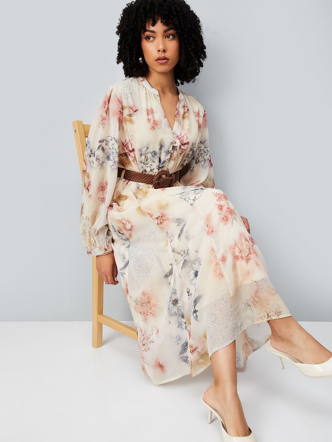 max Women Mandarin Collar Bishop Sleeves Fit and Flare Midi Dress-picture-29