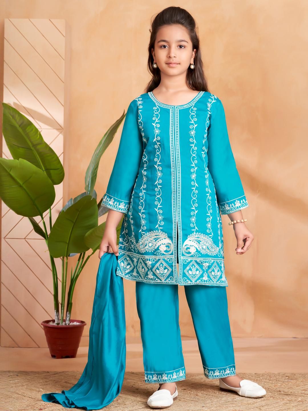 Sangria Girls Turquoise Blue Pure Silk Kurta Sets-picture-58