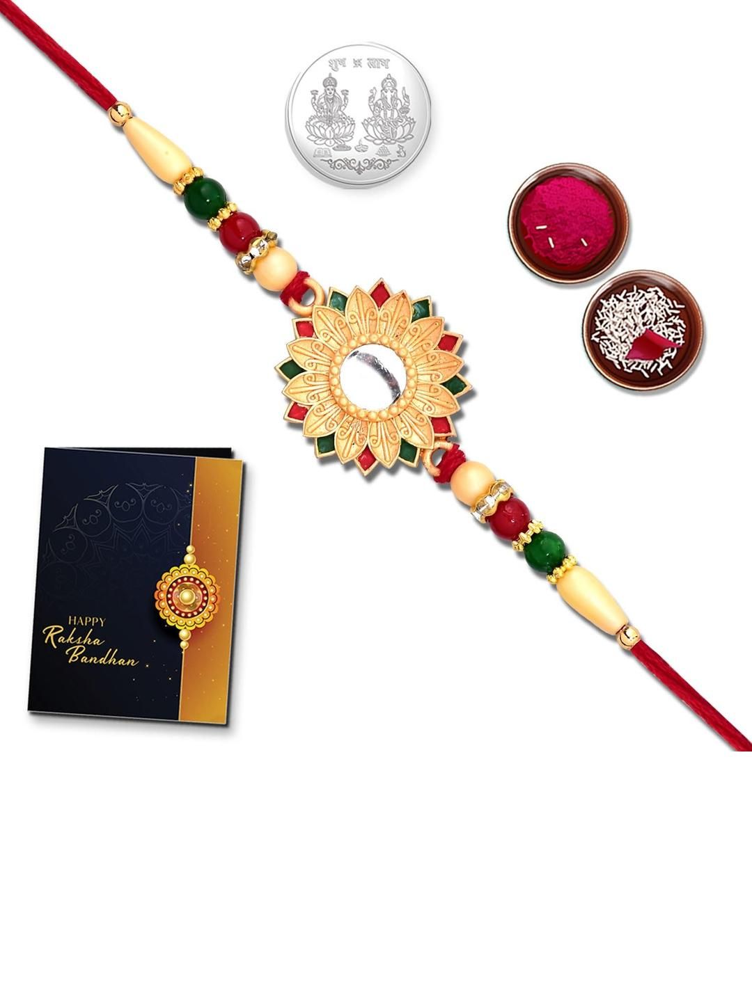 DeoDap Rakhi With Greeting Card & Roli-Chawal & Silver Toned coin-image-35