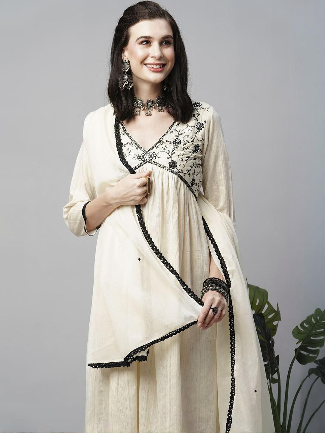 Sangria Women Woven Design Embroidered Cotton Kurta with Trousers & Dupatta