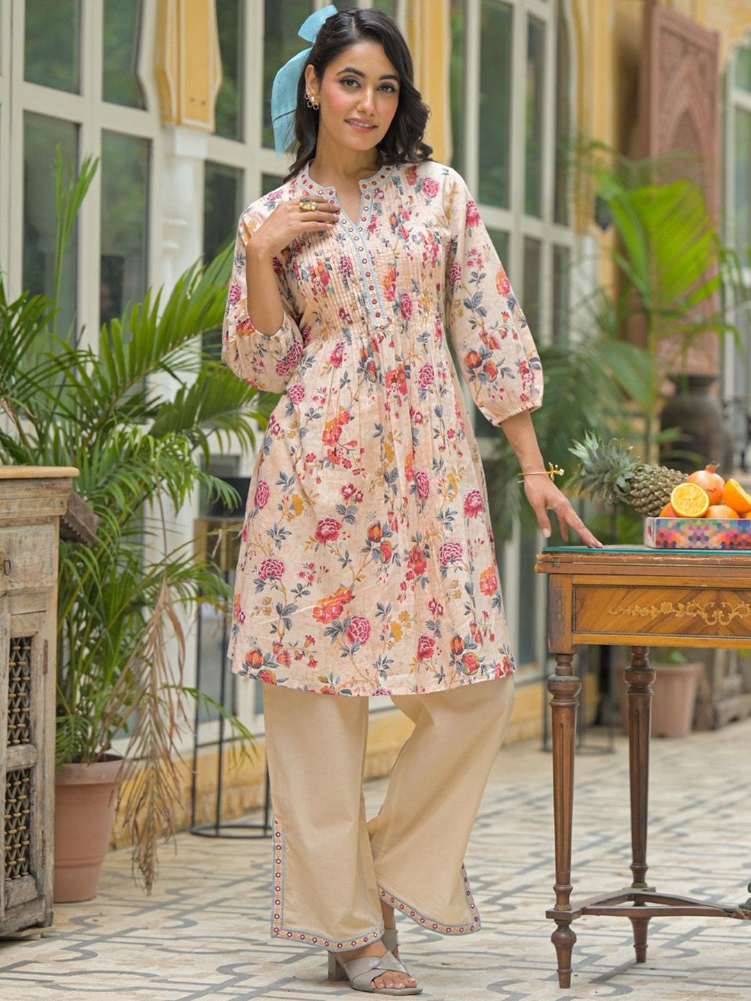 AUTUMN LANE Women Floral Printed Pure Cotton A-Line Kurti with Palazzo