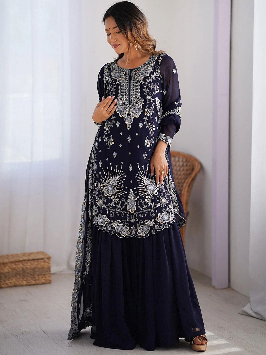 Moda Rapido Women Floral Embroidered Kurta with Sharara & Dupatta