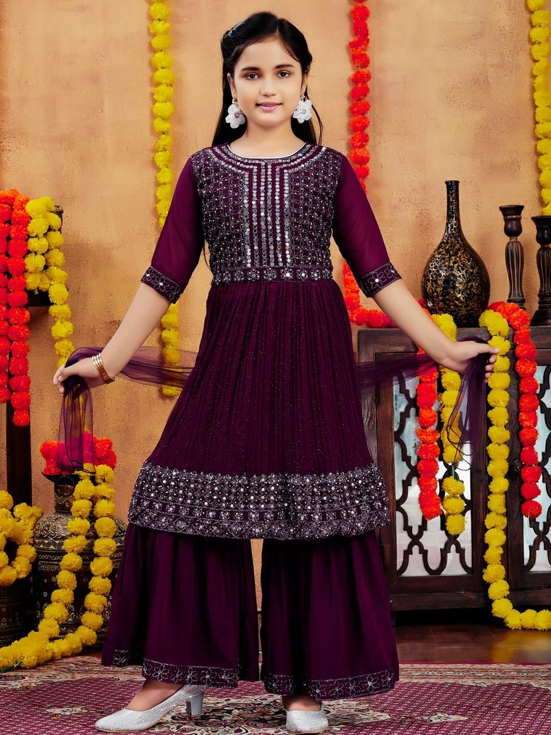 Muhuratam Girls Purple Georgette Kurta Sets-picture-56