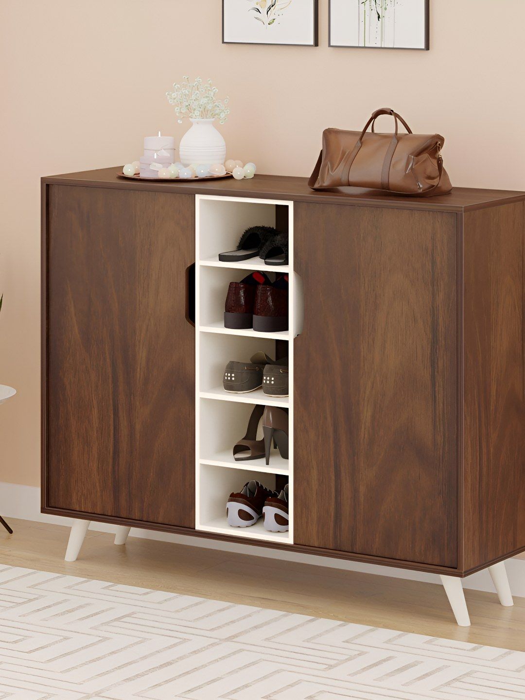 bluewud Furlyn Brown & White Wooden Dual Tone 2 Doors 5-Shelf Shoe Rack