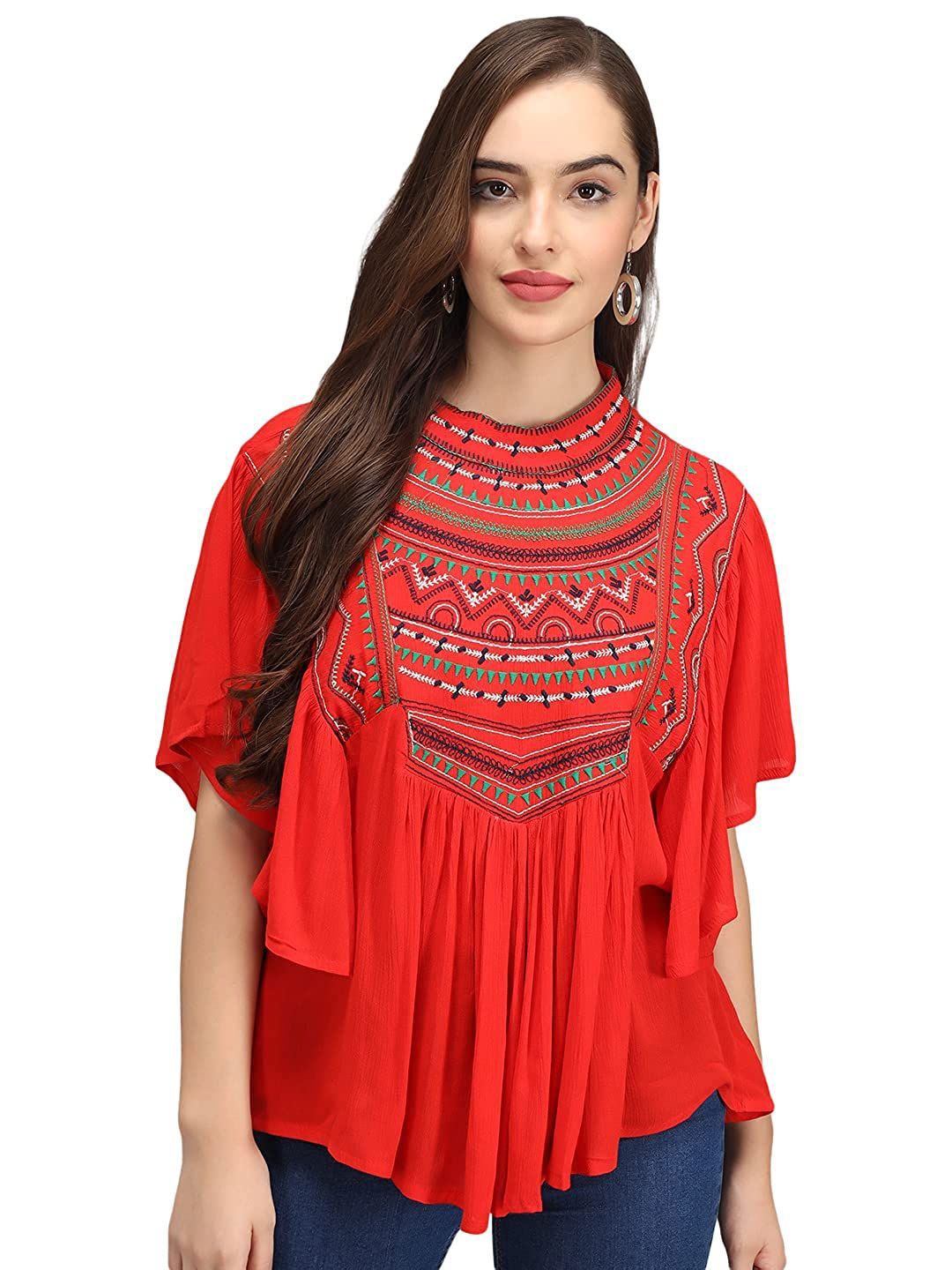 IB STYLES Women Tribal Embroidered Flutter Sleeve Top-picture-25
