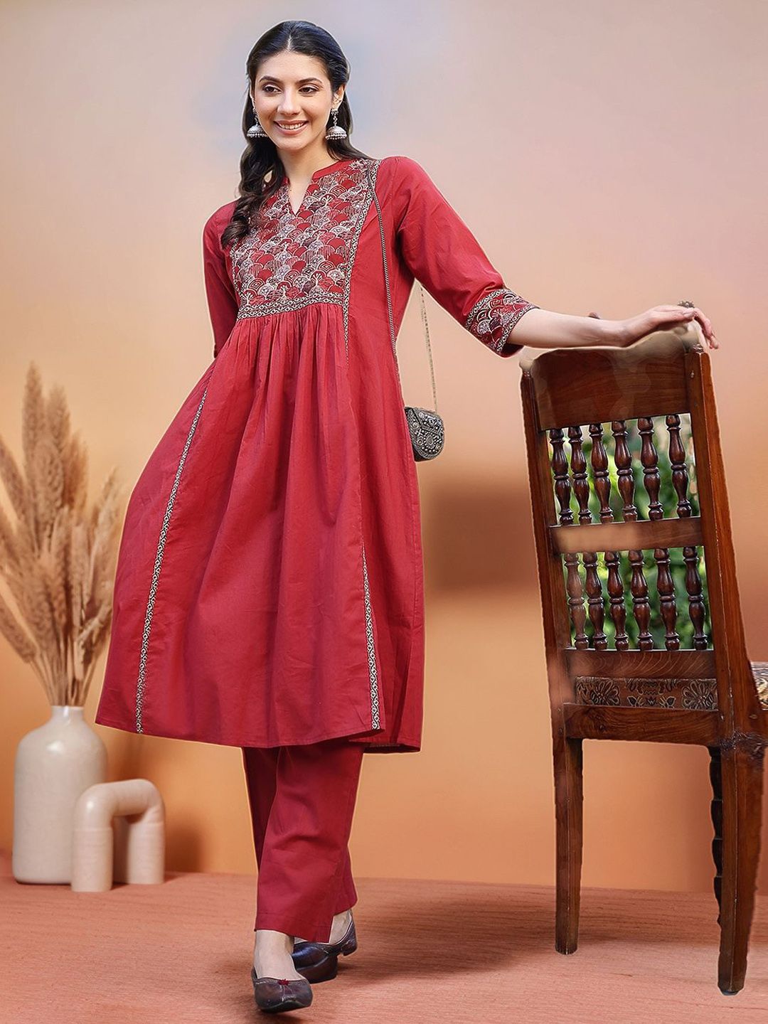 Sangria Women Ethnic Motifs Embroidered Pure Cotton A-Line Kurta with Trouser