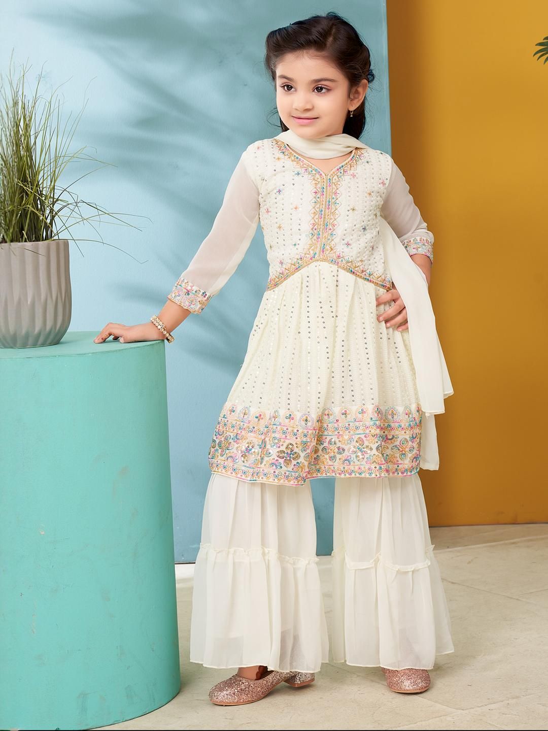 Muhuratam Girls Cream Georgette Kurta Sets-picture-19