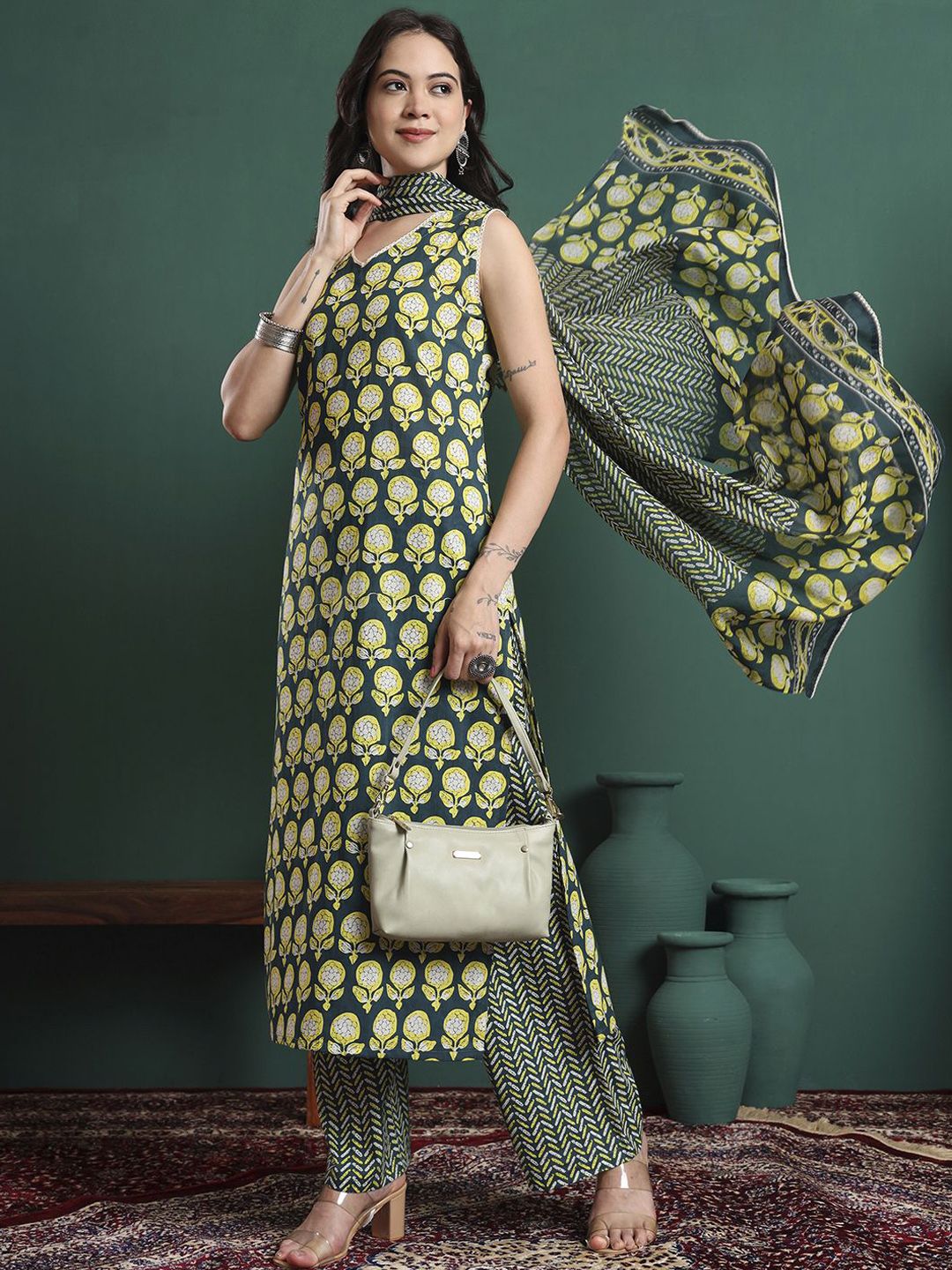 KALINI Floral Printed V-Neck Pure Cotton Straight Kurta With Trousers & Dupatta