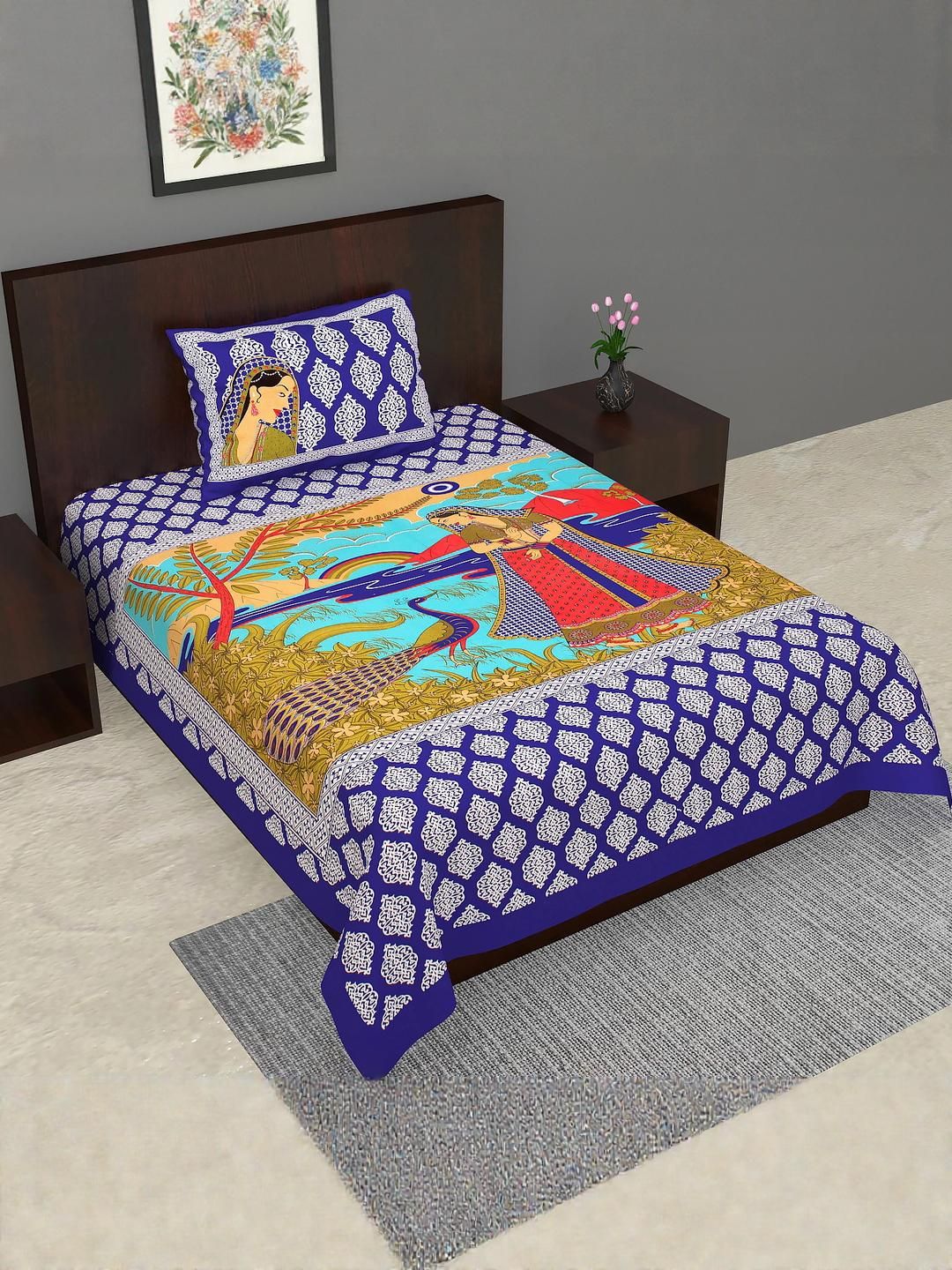 Monik Handicrafts Blue Geometric 144 TC Single Bedsheet with 1 Pillow Covers-image-35