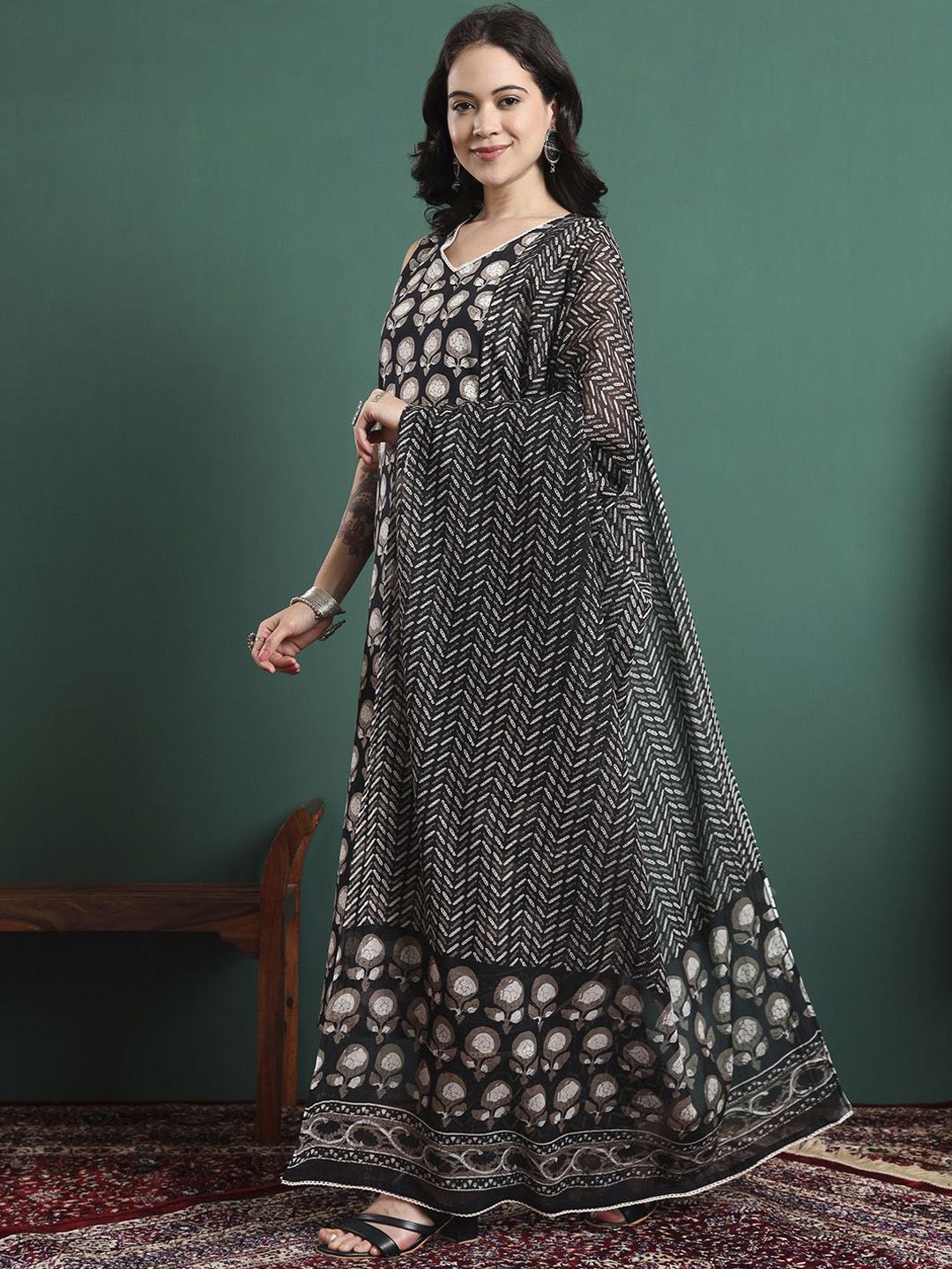 KALINI Women Ethnic Motifs Printed Pure Cotton Anarkali Kurta with Trouser & Dupatta