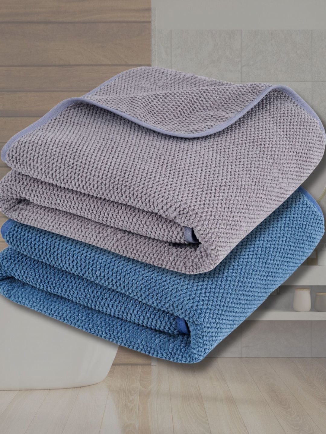 Fezora Grey & Blue 2 Pieces 350 GSM Microfiber Bath Towels-picture-11