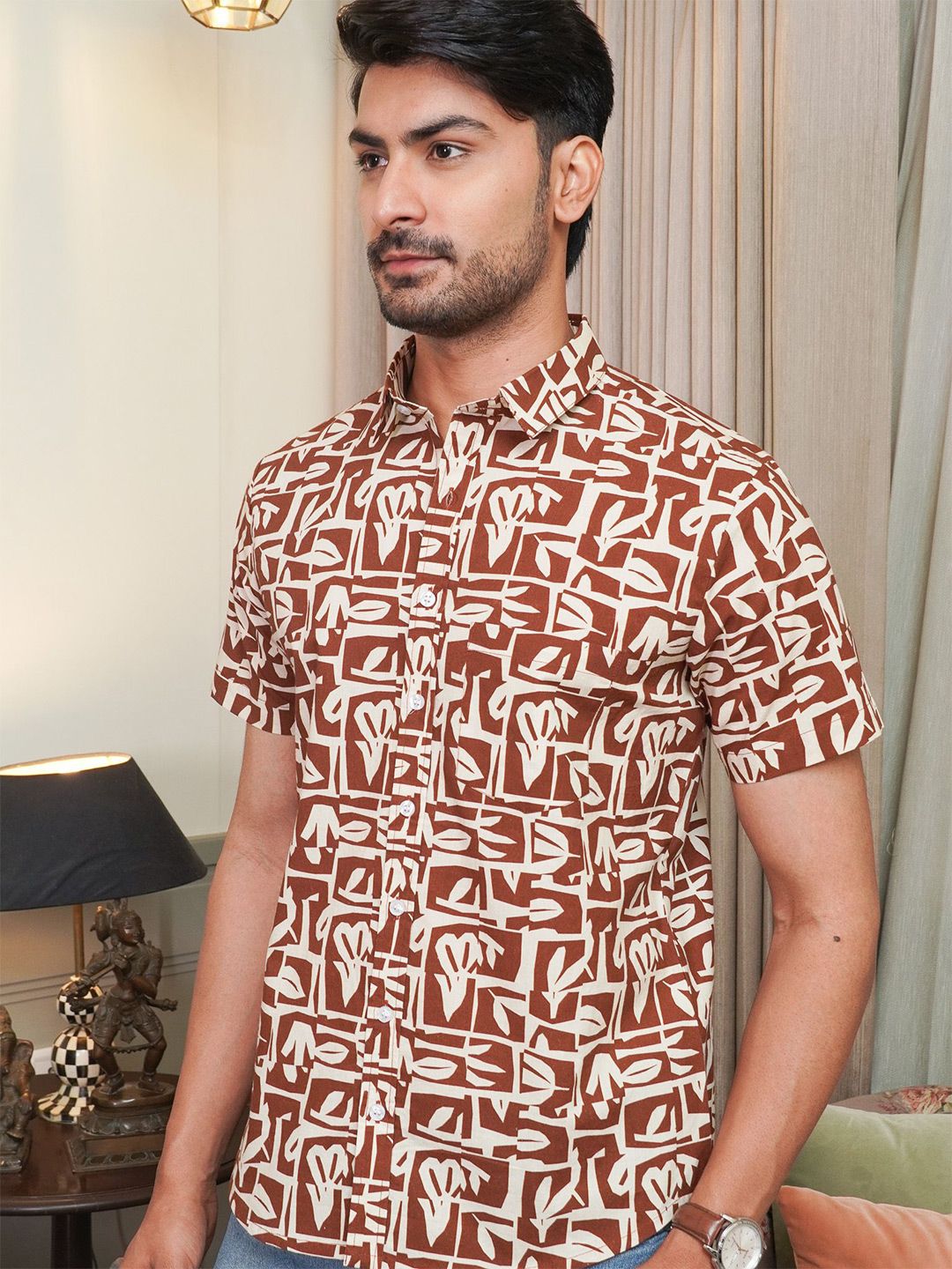Mast & Harbour Abstract Printed Short Sleeves Spread Collar Cotton Shirt-picture-28