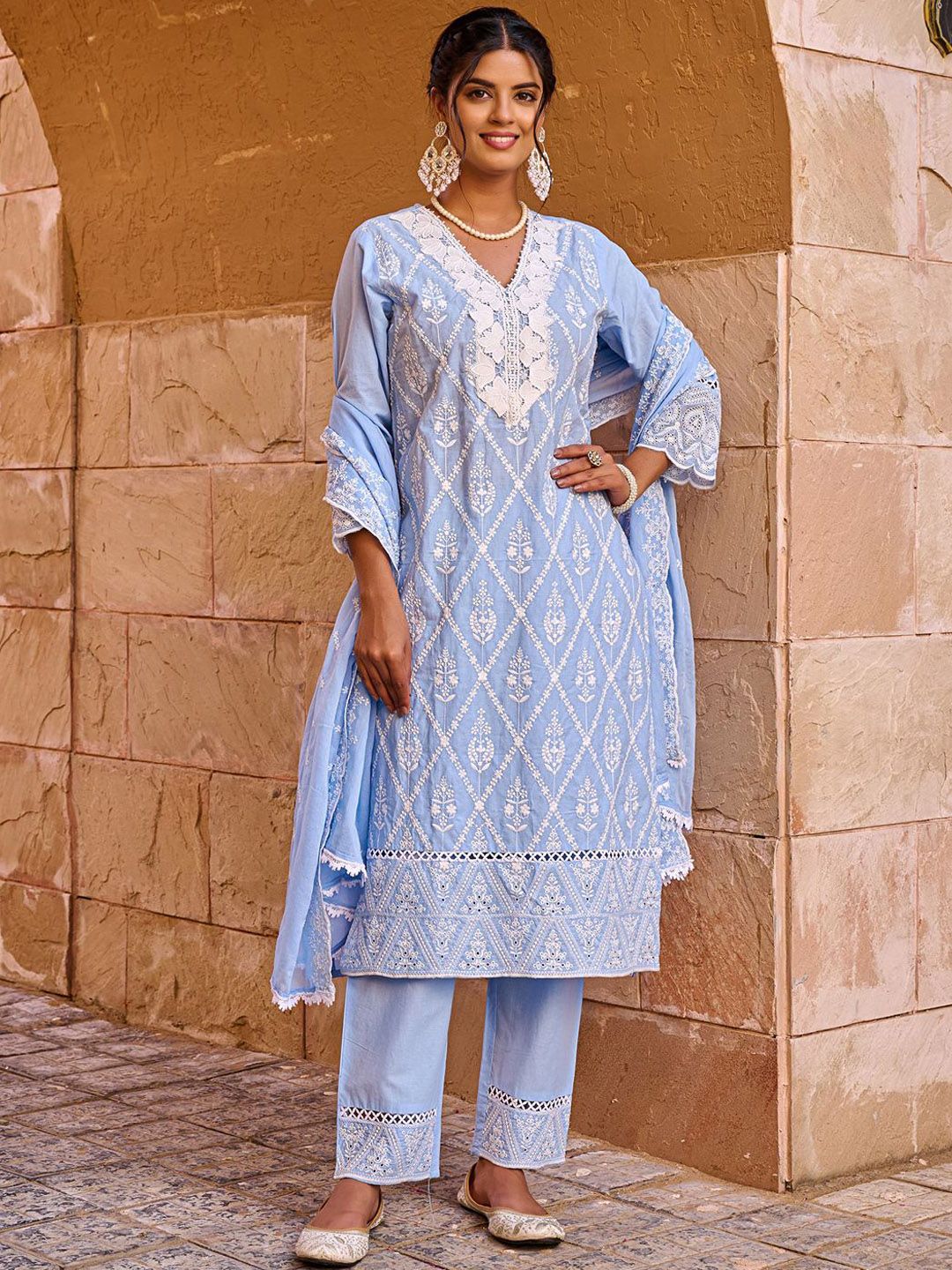Indo Era Women Floral Embroidered  Pure Cotton Kurta with Trousers & Dupatta