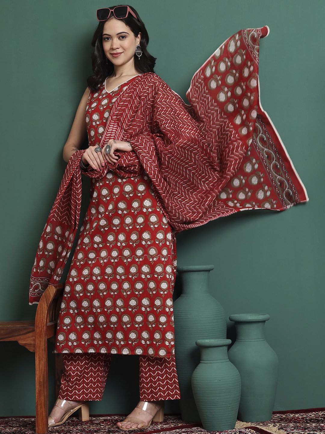 KALINI Floral Printed V-Neck Pure Cotton Kurta With Trousers & Dupatta