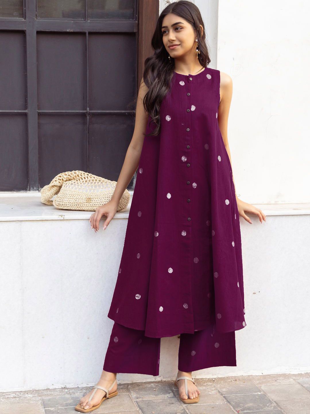 GoSriKi Geometric Printed Round Neck A-Line Kurta With Palazzos