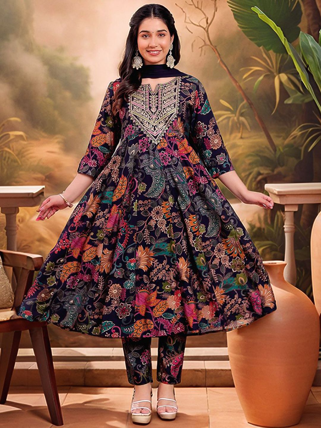 Sangria Floral Printed Notch Neck Thread Work Anarkali Kurta With Trousers & Dupatta