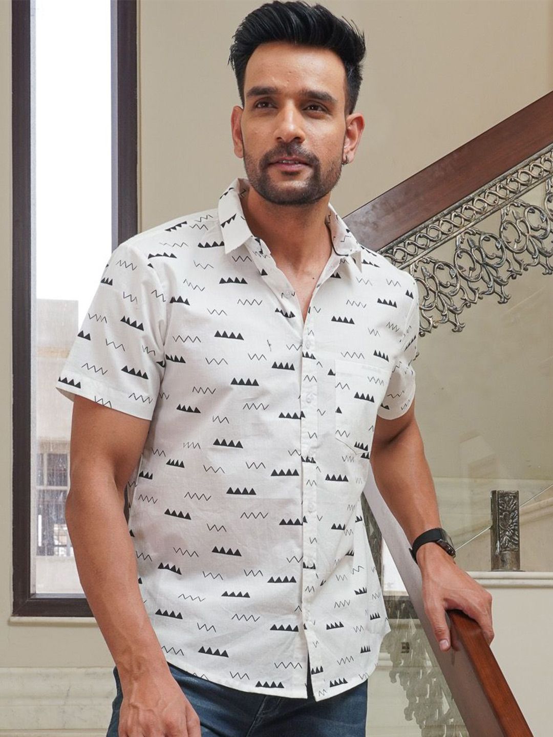 Mast & Harbour Abstract Printed Spread Collar Cotton Shirt-picture-45