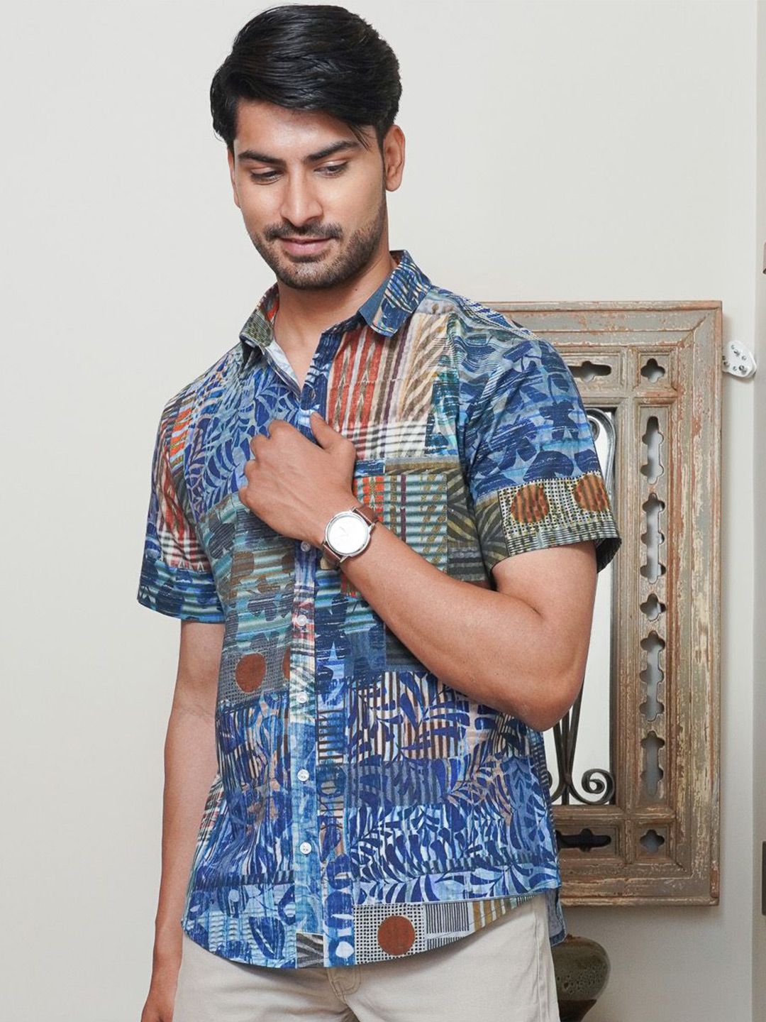 Mast & Harbour Abstract Printed Short Sleeves Spread Collar Cotton Shirt-picture-38