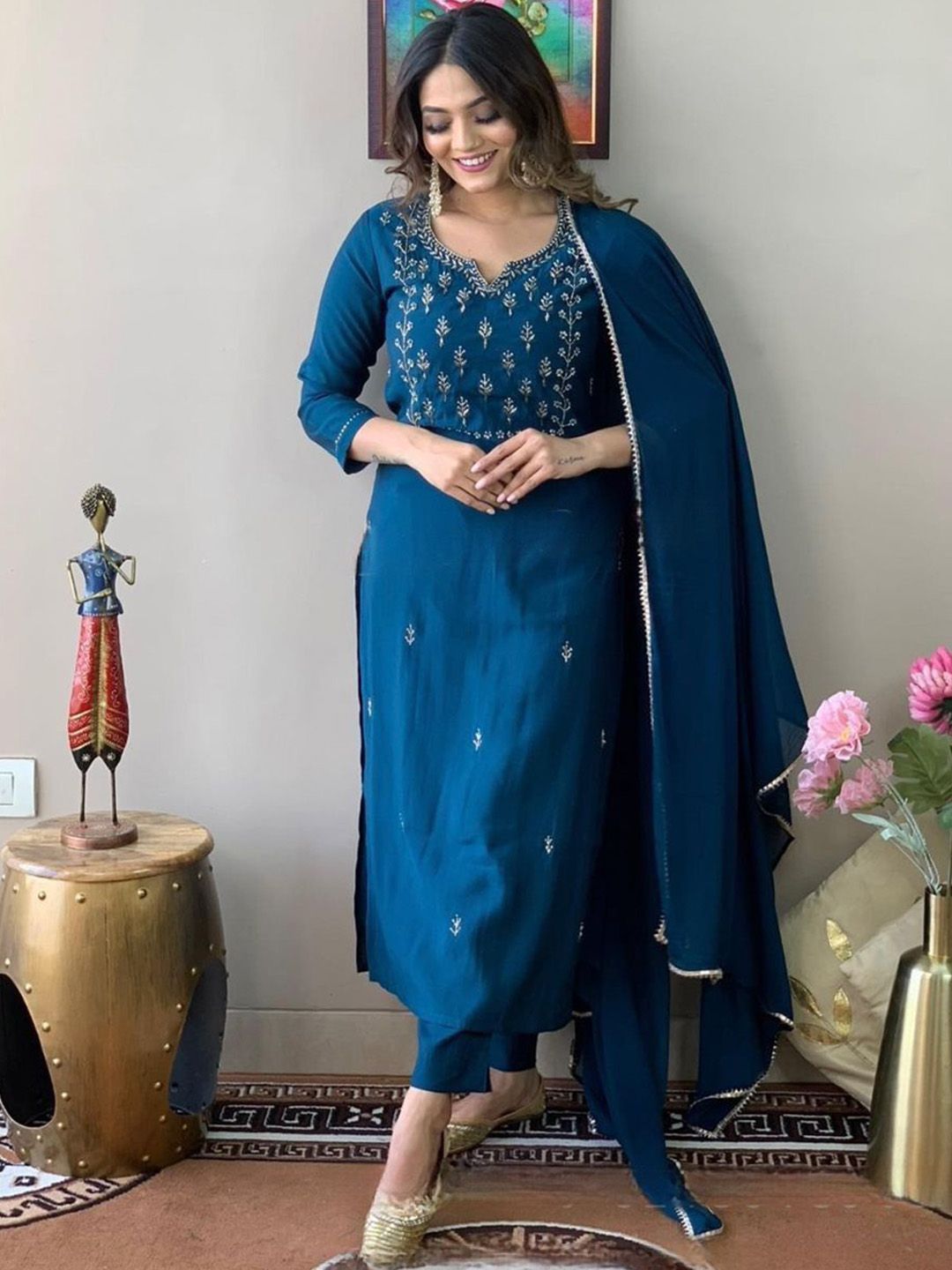 KALINI Ethnic Motifs Embroidered Straight Thread Work Kurta With Trouser & Dupatta