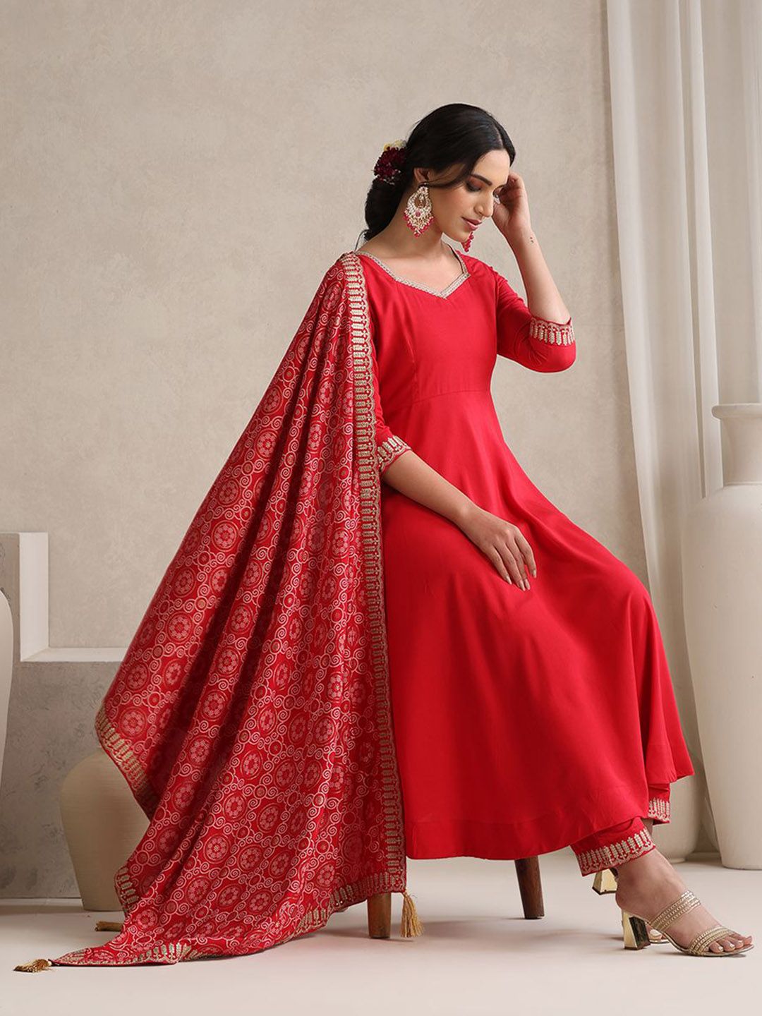 Khushal K Women Anarkali Zari Kurta with Palazzos & With Dupatta