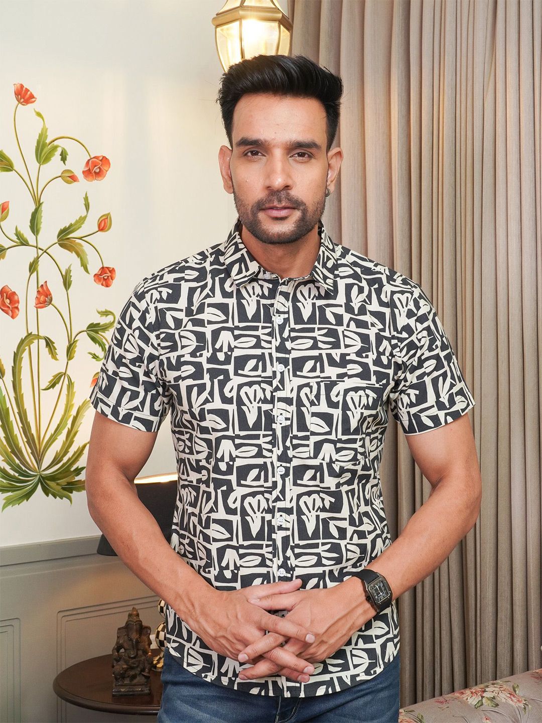 Mast & Harbour Abstract Printed Spread Collar Pocket Cotton Shirt-picture-24