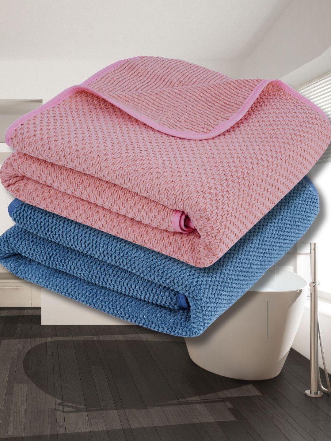 Fezora Pink & Blue 2 Pieces 350 GSM Microfiber Bath Towel-image-20