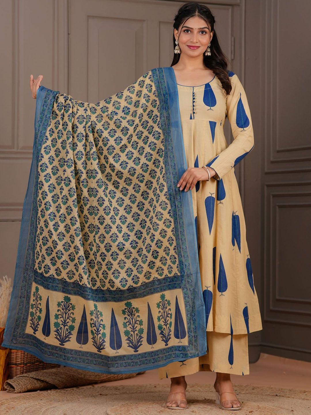 KALINI Women Ethnic Motifs Printed Anarkali Pure Cotton Kurta with Trousers & Dupatta