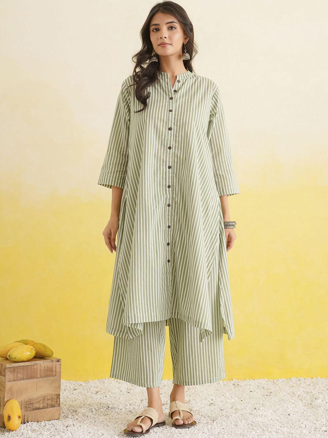 GOODHAND Striped Pure Cotton Mandarin Collar Top & Trouser