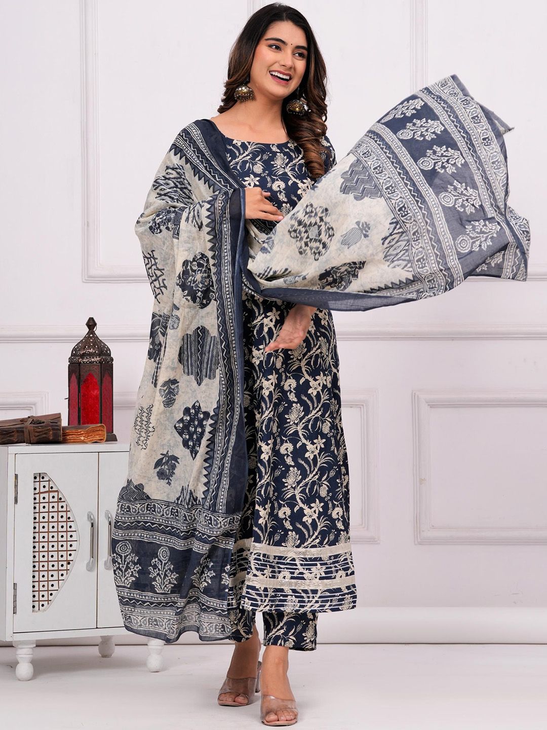 MEERA FAB Floral Printed Gotta Patti Pure Cotton Anarkali Kurta With Trousers & Dupatta