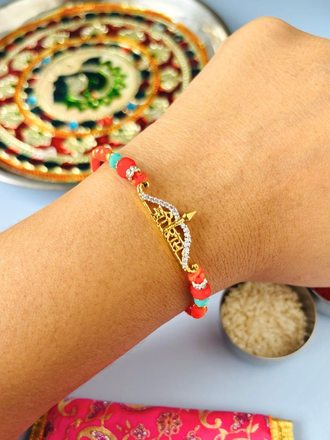 Jai Shri Ram AD Stone Studded Rakhi for Brother Traditional Handmade Rakhi for Bhaiya-image-47