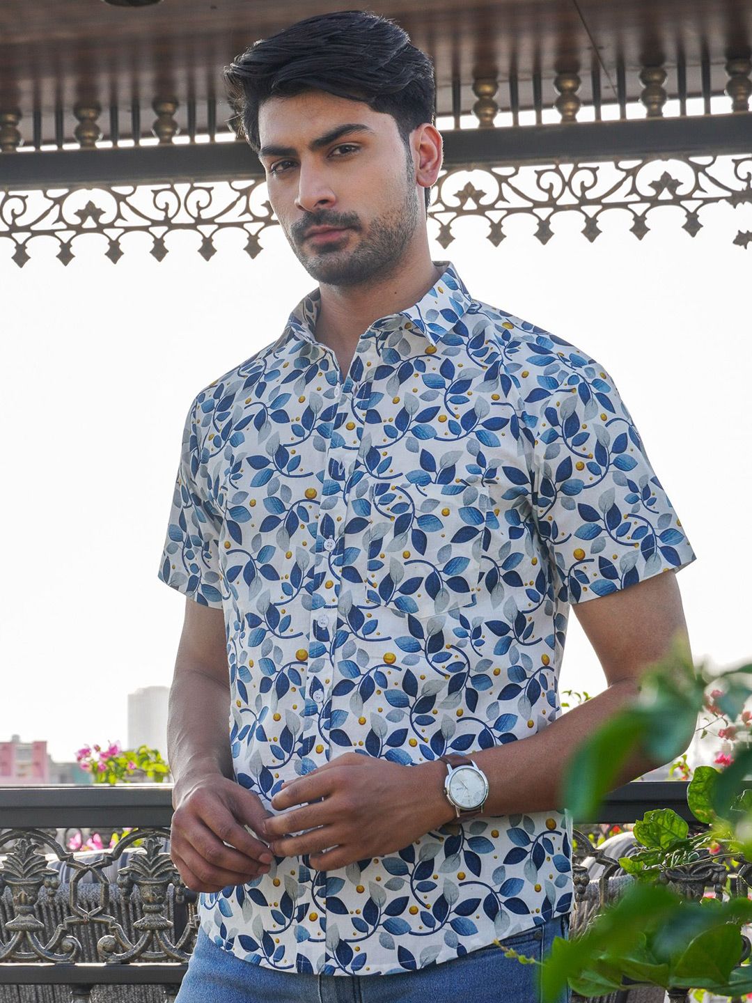 Mast & Harbour Floral Printed Short Sleeves Spread Collar Cotton Shirt-picture-53