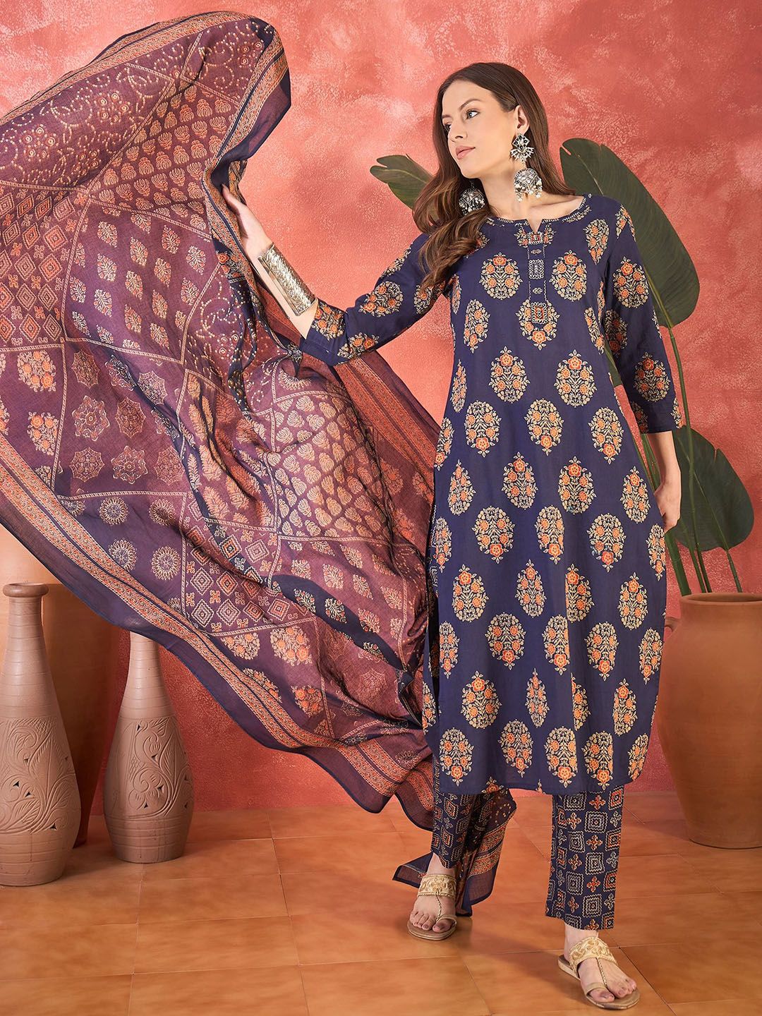 Vastramyaa Floral Printed Notch Neck Cotton Straight Kurta With Trousers & Dupatta