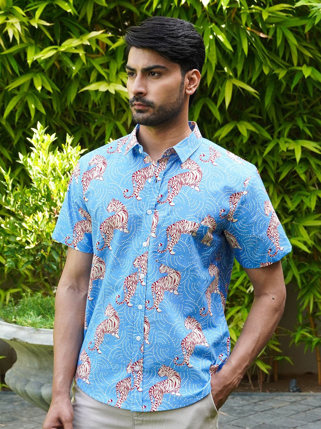 Mast & Harbour Animal Printed Short Sleeves Spread Collar Cotton Shirt-picture-17