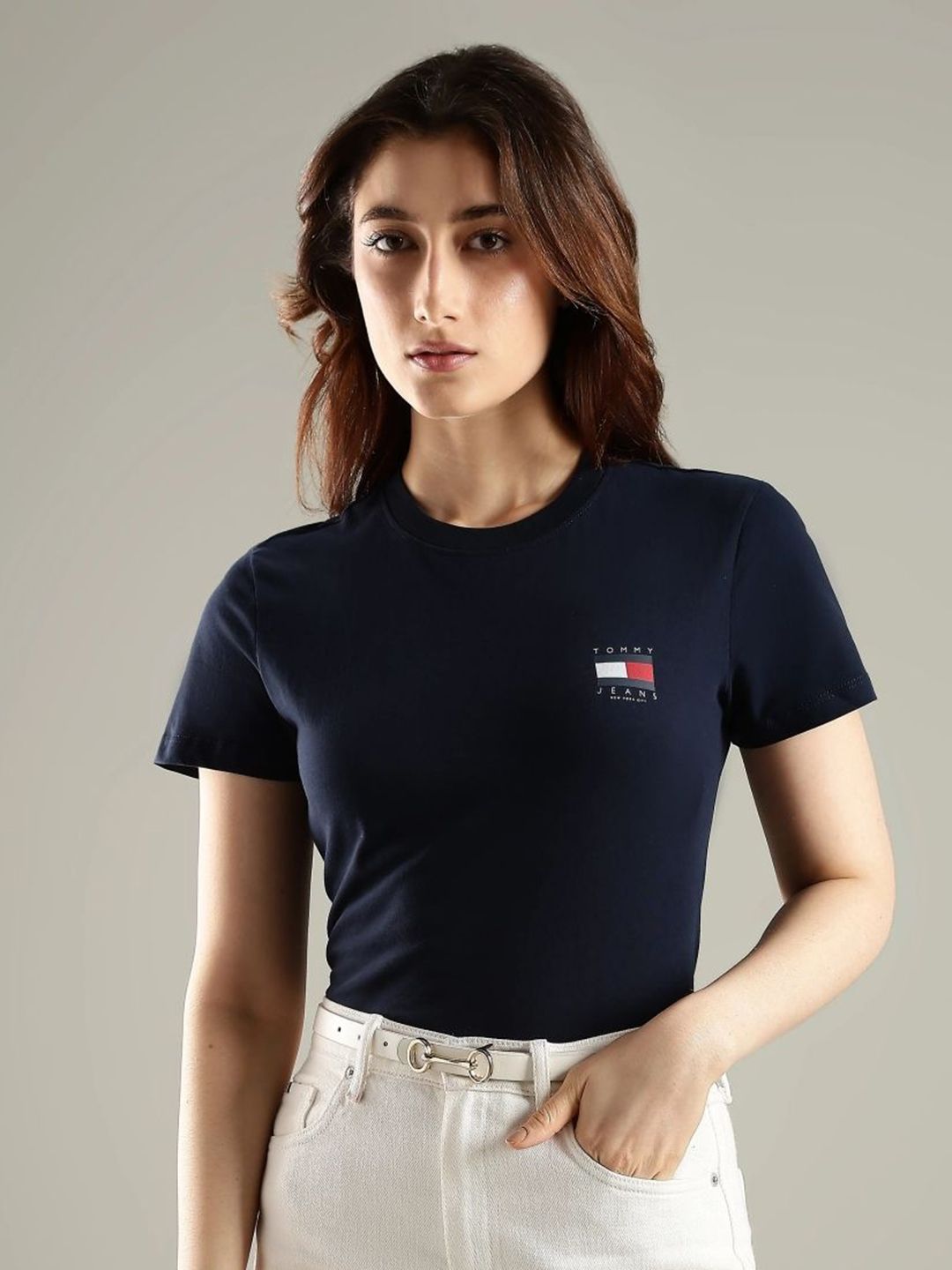 Tommy Hilfiger Women Brand Logo Printed Round Neck Pure Cotton Regular Fit T-shirt-picture-27