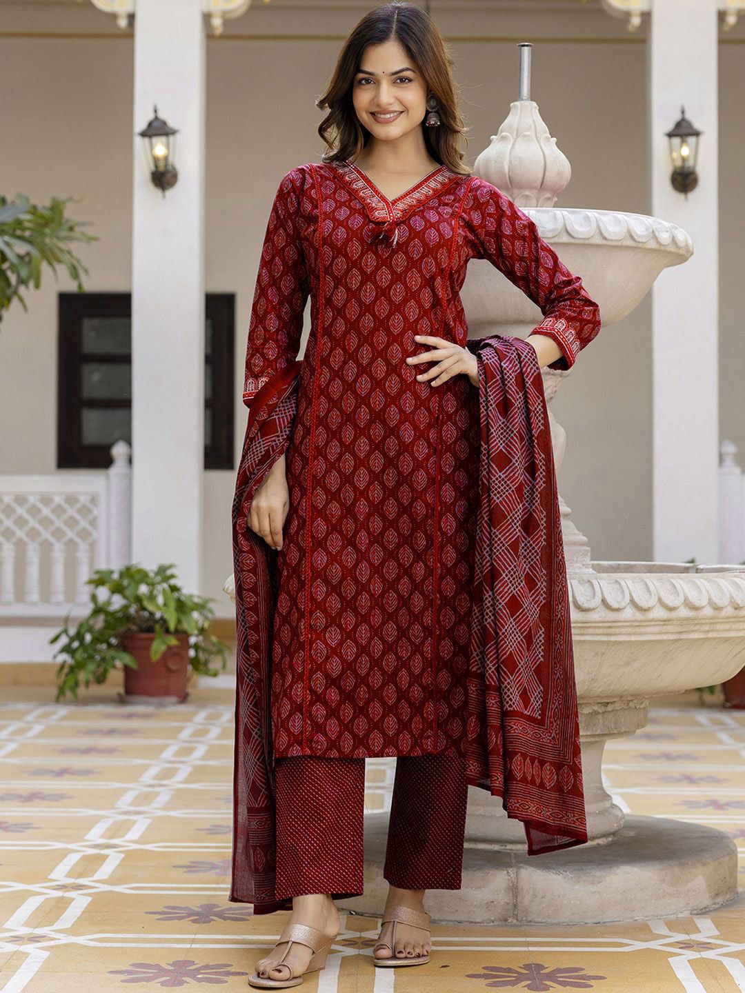 GEKHA Women Printed Regular Aari Work Pure Cotton Kurta with Trousers & With Dupatta