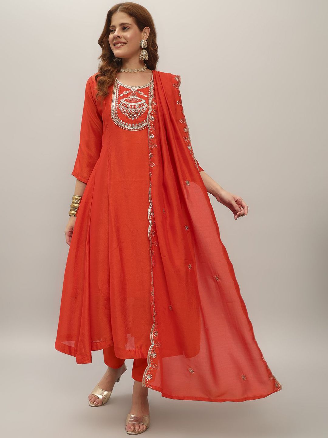 THE52 Women Ethnic Motifs Embroidered Anarkali Kurta with Trousers & Dupatta