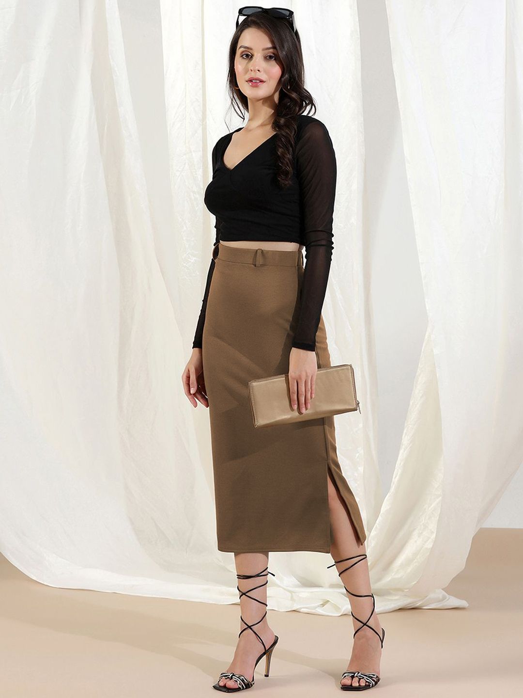 High Rise Midi Skirt With Side Silt view 4