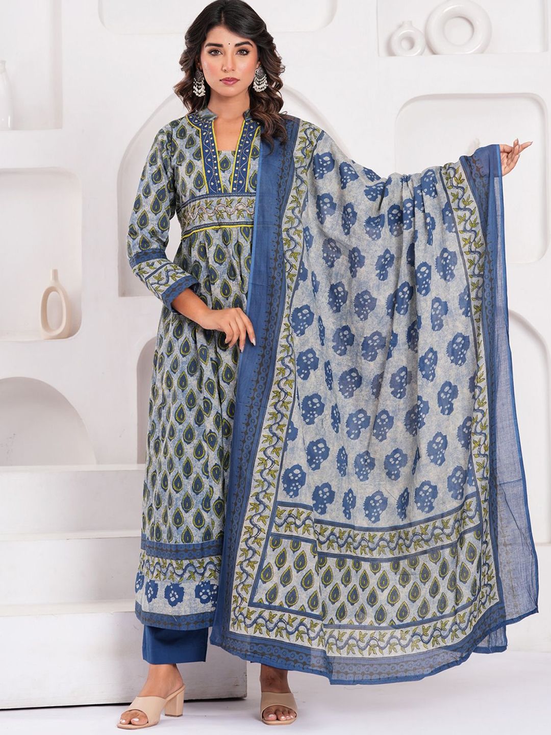 KALINI Floral Printed Anarkali Beads and Stones Pure Cotton Kurta With Trouser & Dupatta